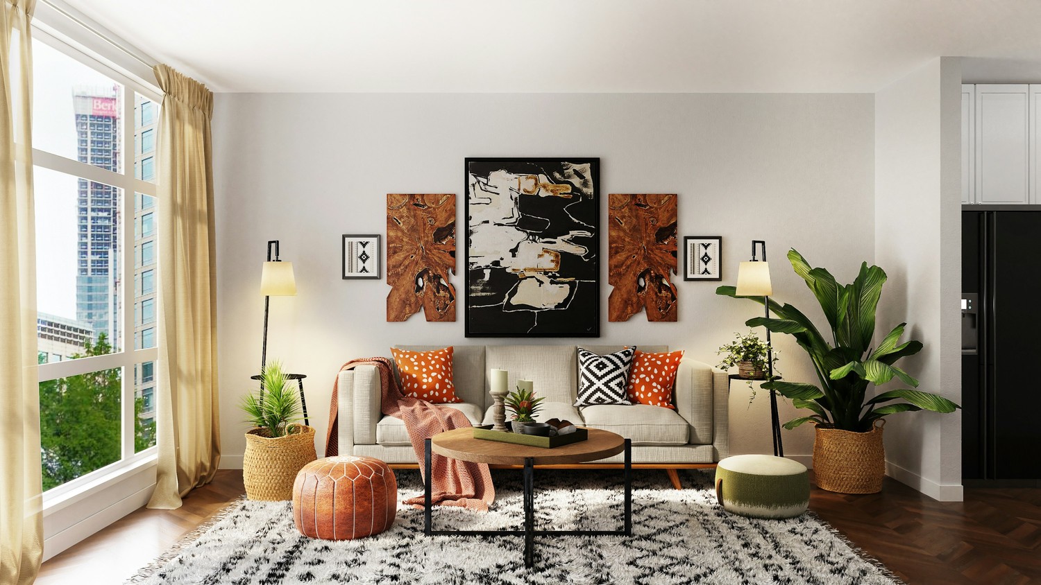 Boho salon z rośliną i drewnem fot. Unsplash