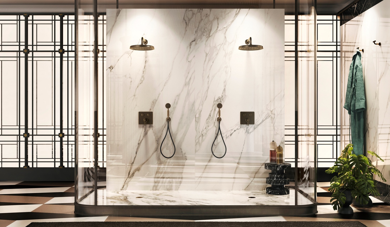 Marmurowy prysznic walk-in z dwiema deszczownicami fot. Gessi