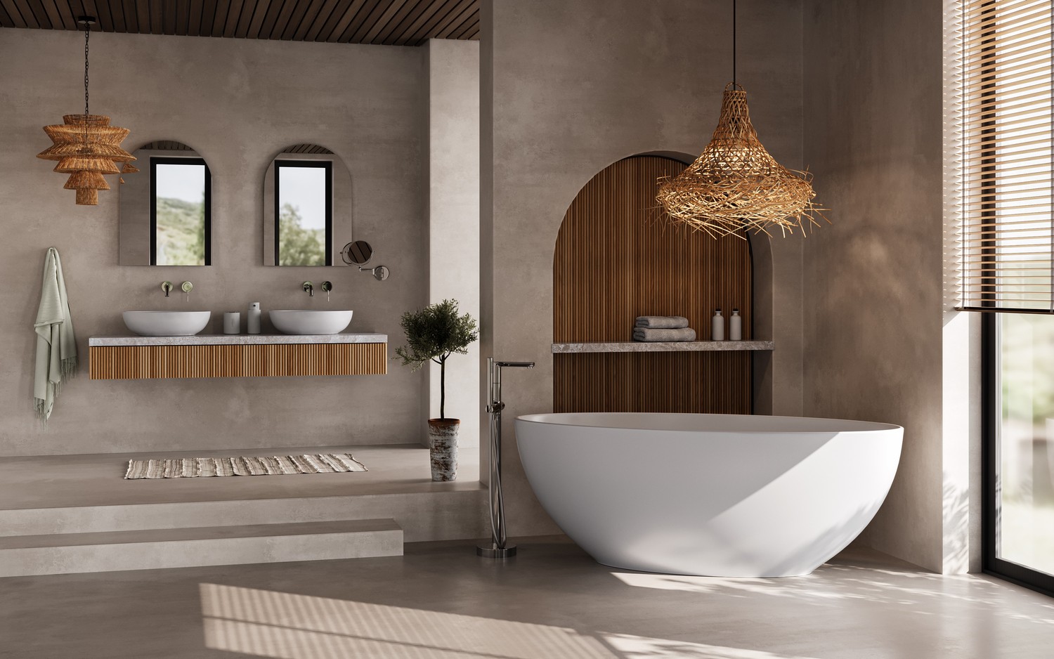Japandi pokój kąpielowy z wolnostojącą wanną. fot. Fdesign