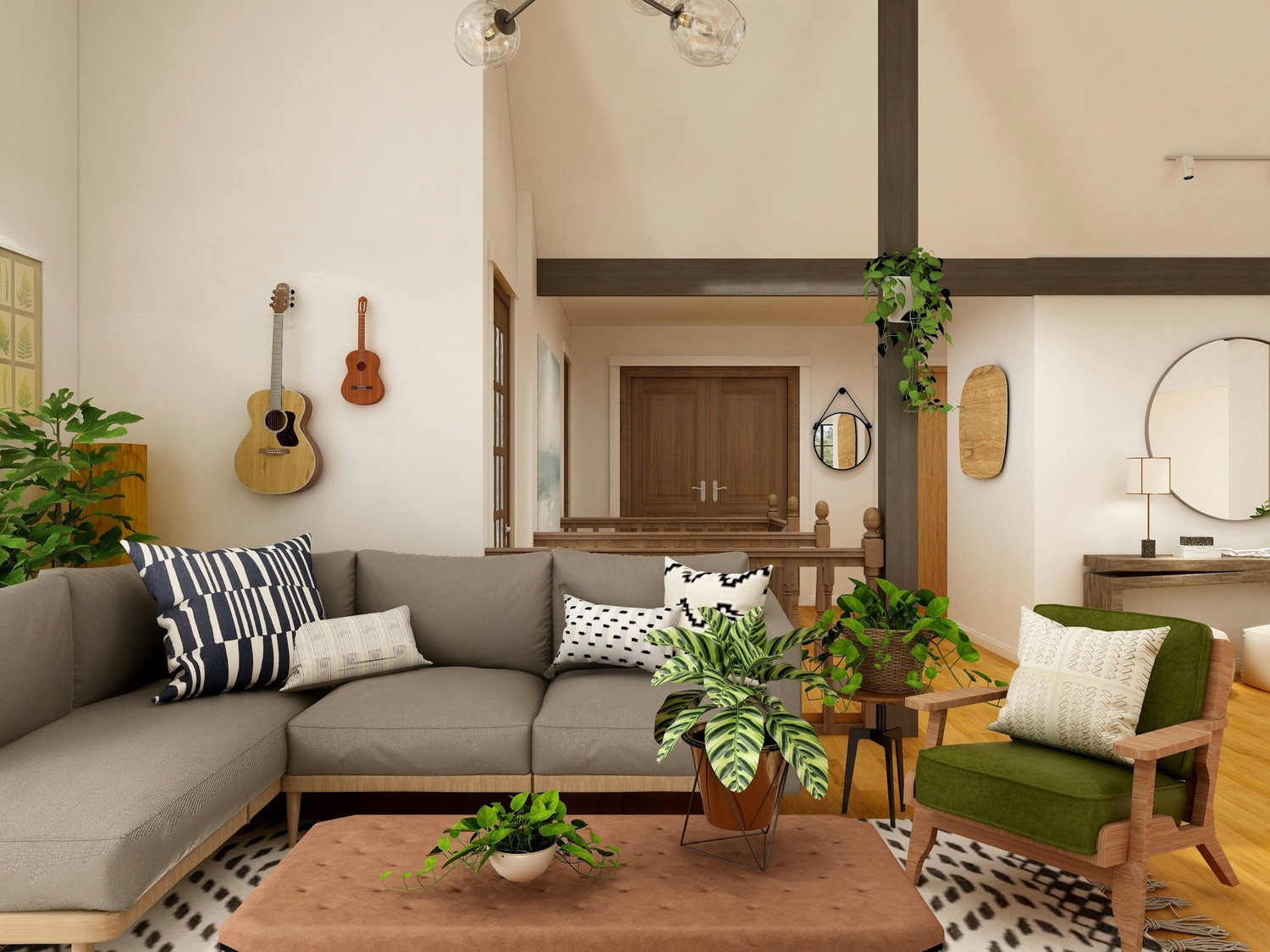 Skandynawski salon boho z zielonym fotelem fot. Unsplash