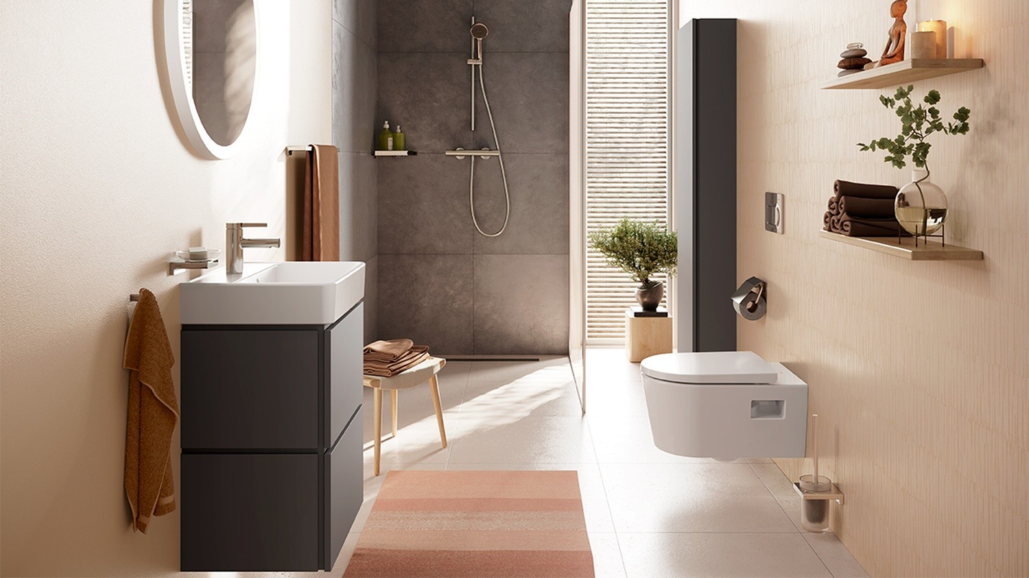 Łazienka japandi z walk-in i czarną szafką fot. Hansgrohe