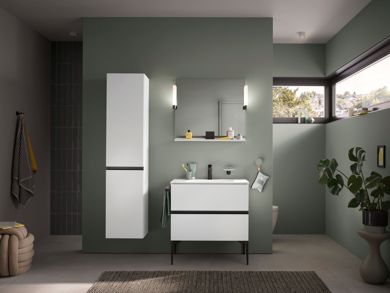 Minimalistyczna zielona łazienka z białą umywalką, fot. Duravit