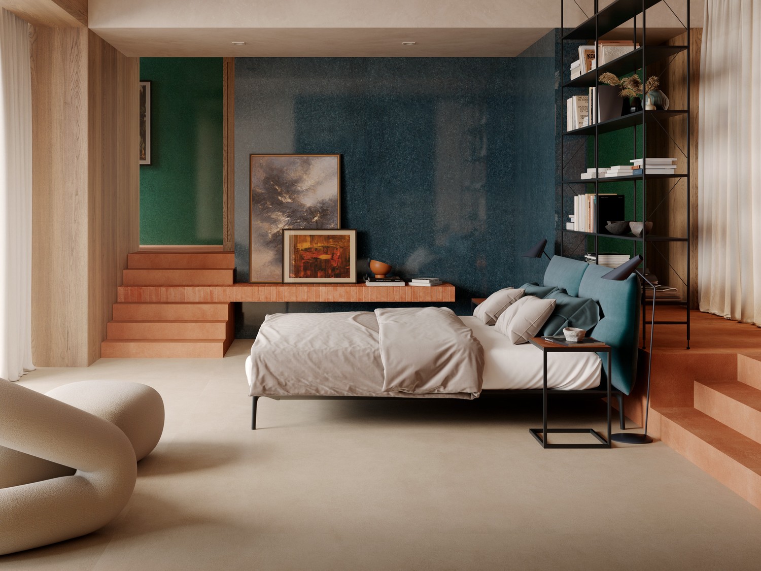 Sypialnia modern classic z zielenią i drewnem, fot. Marazzi