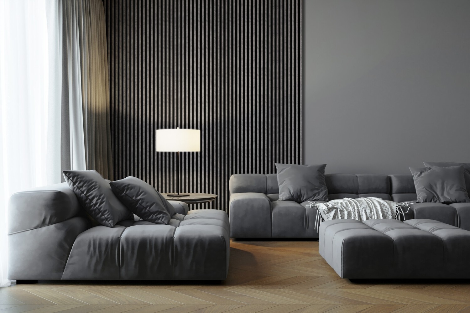 Minimalistyczny salon z szarymi sofami i lamelą. fot. Stegu