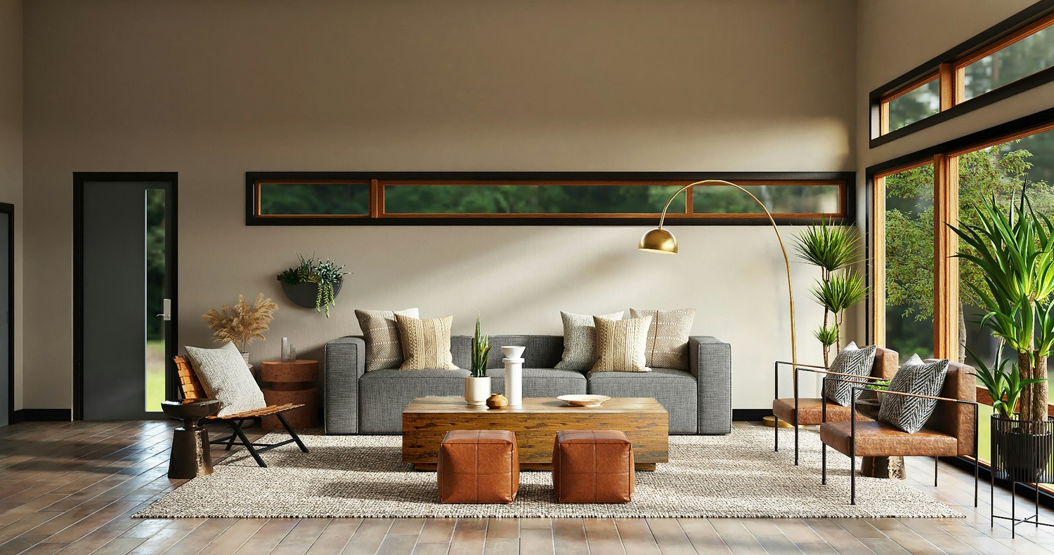 Nowoczesny salon organic modern z drewnem i rośliną fot. Unsplash