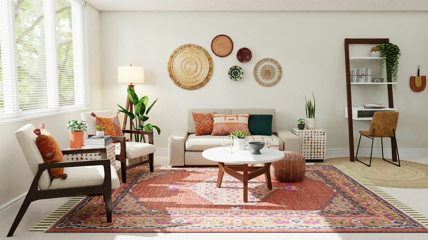 Salon boho z dywanem i rośliną fot. Unsplash