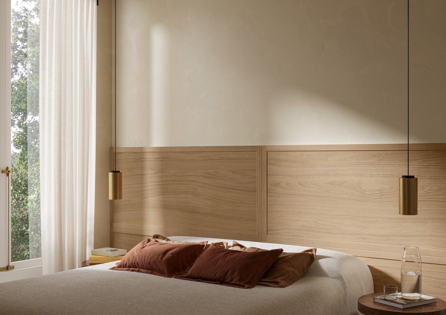 Japandi sypialnia z drewnianym zagłówkiem i zasłoną. fot. Marazzi