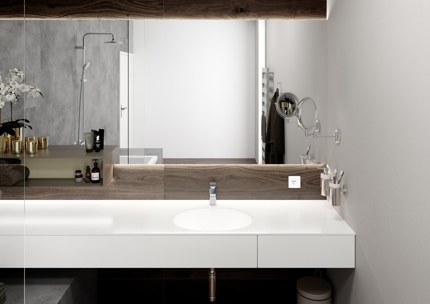 Minimalistyczna łazienka z drewnem i podblatową umywalką fot. Hansgrohe
