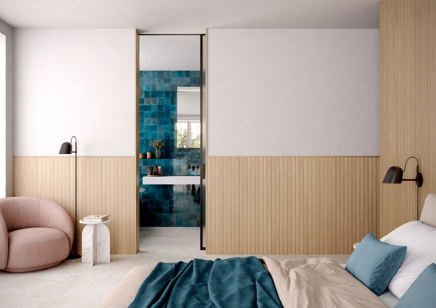 Japandi sypialnia z niebieską umywalką wnęką. fot. Marazzi