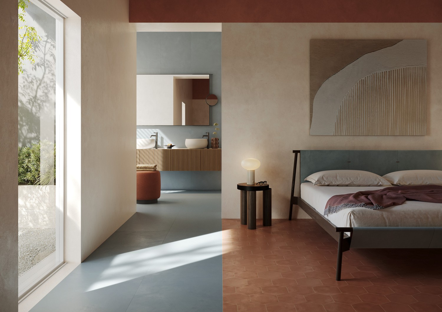 Sypialnia z łazienką w terakocie i beżu. fot. Marazzi