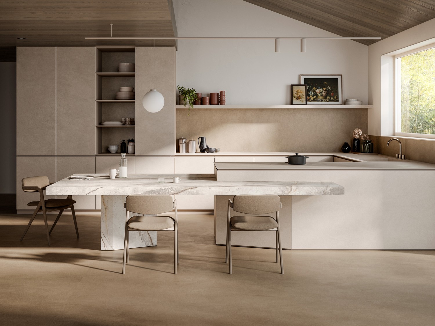 Minimalistyczna kuchnia japandi z marmurowym blatem. fot. Marazzi