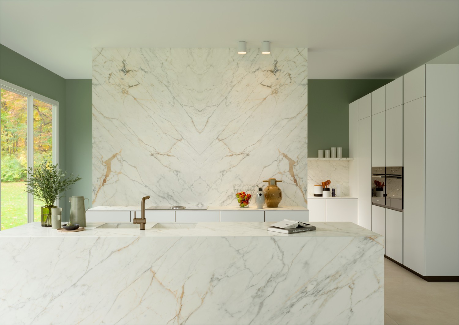 Minimalistyczna kuchnia z marmurem i wyspą. fot. Marazzi