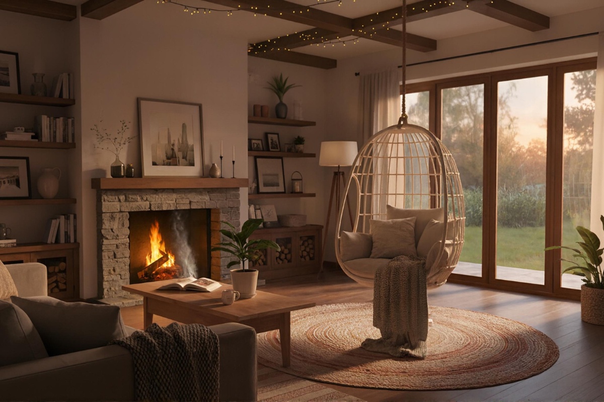 Nowoczesny kącik relaksu w salonie z kominkiem, naturalnymi materiałami i przytulnym oświetleniem