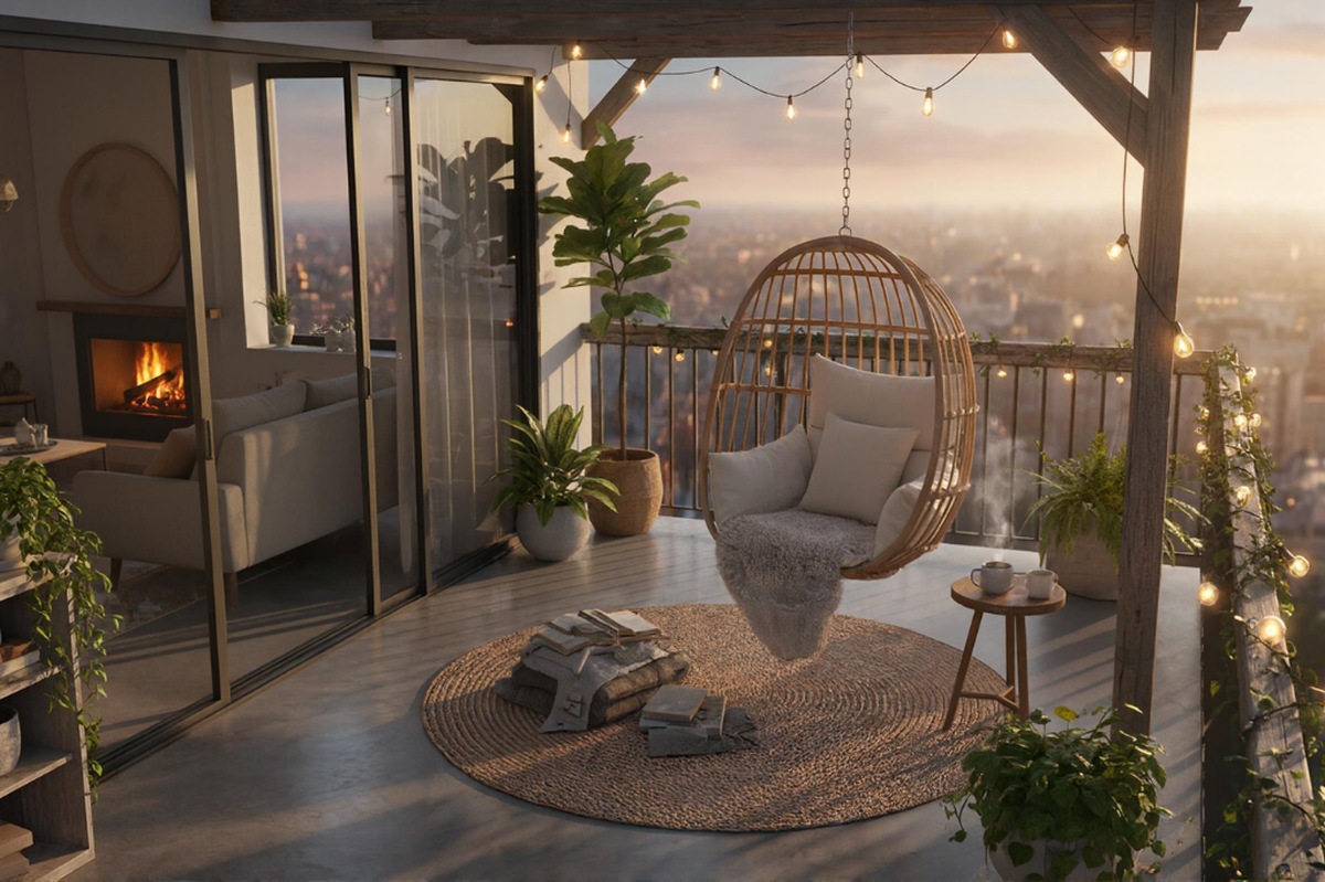 Nowoczesny kącik relaksu w salonie z kominkiem, naturalnymi materiałami i przytulnym oświetleniem