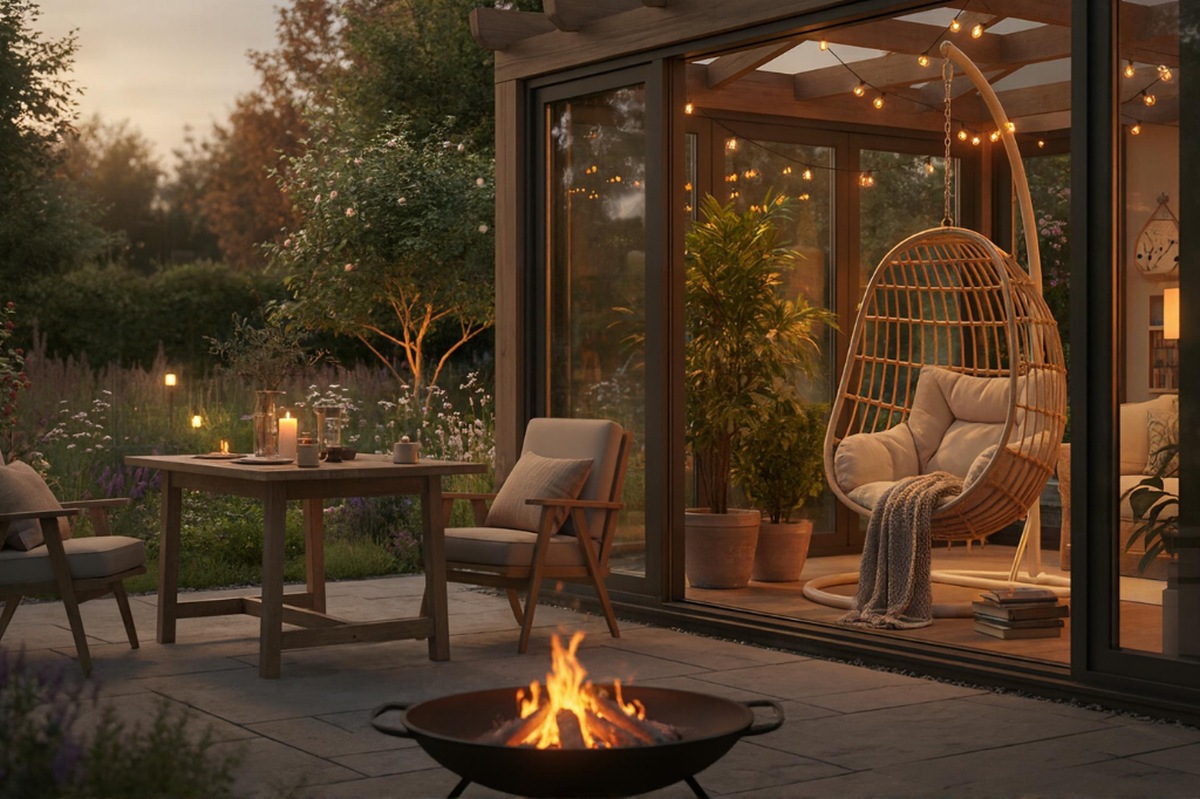 Nowoczesny kącik relaksu w salonie z kominkiem, naturalnymi materiałami i przytulnym oświetleniem