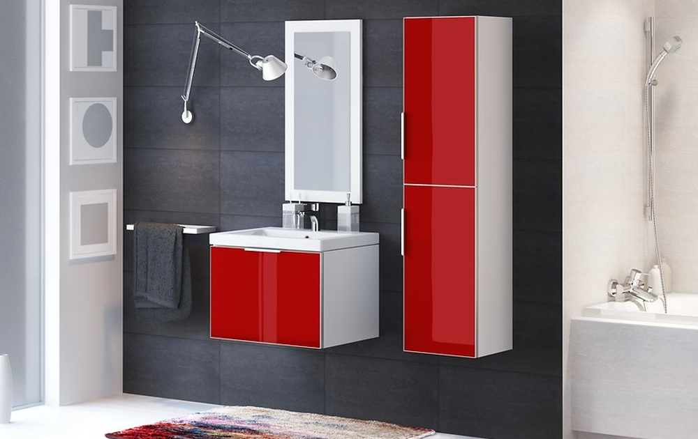 czerwone szafki łazienkowe, czerwone meble do łazienki, czerwona łazienka