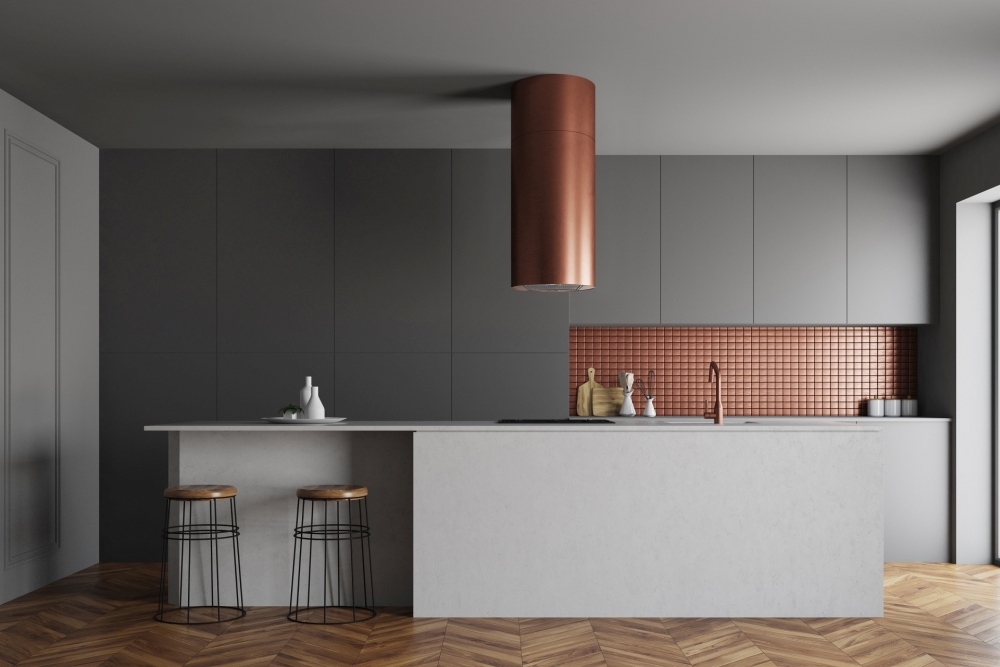 Okap cylindryczny w kolorze miedzianym - www.dekoportal.pl miedziany okap kuchenny, cylindryczny okap kuchenny, okap sufitowy w kolorze miedzi