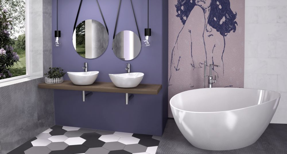 fioletowa łazienka, łazienka z fioletowymi ścianami, fioletowe akcenty w łazience