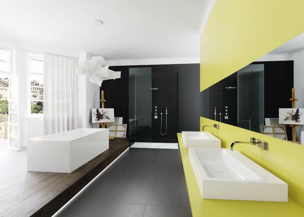 kolor żółty w łazience, żółta łazienka, łazienka czarno-żółta