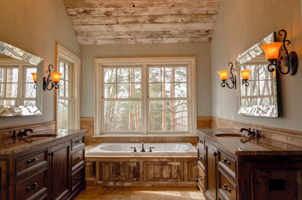 łazienka w stylu rustykalnym, brązowe meble w łazience w stylu rustykalnym, połączenie brązu w łazience