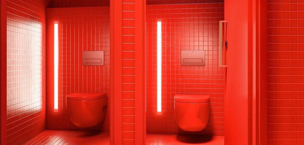 czerwona podłoga w łazience, czerwona mozaika podłogowa, czerwone płytki podłogowe