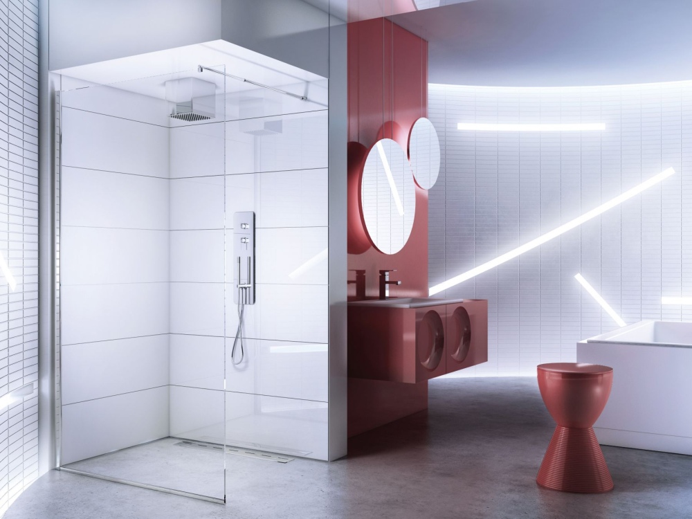 czerwony akcent w łazience, biała łazienka z czerwonymi dodatkami, biel i czerwień w łazience