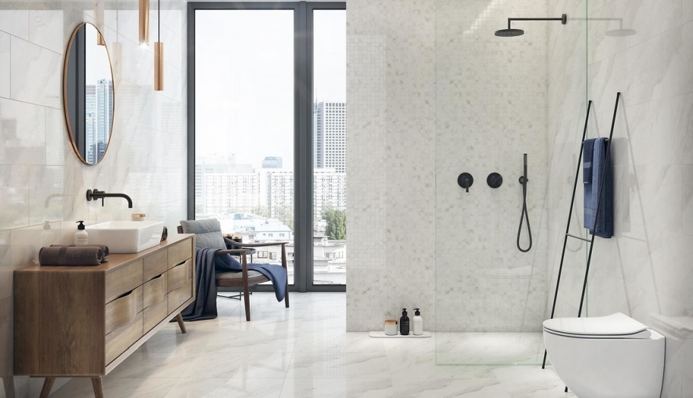 Opoczno Marble Charm aranżacja łazienki - www.dekoportal.pl płytki marmurowe, płytki marmurowe do łazienki, łazienka z płytkami marmurowymi