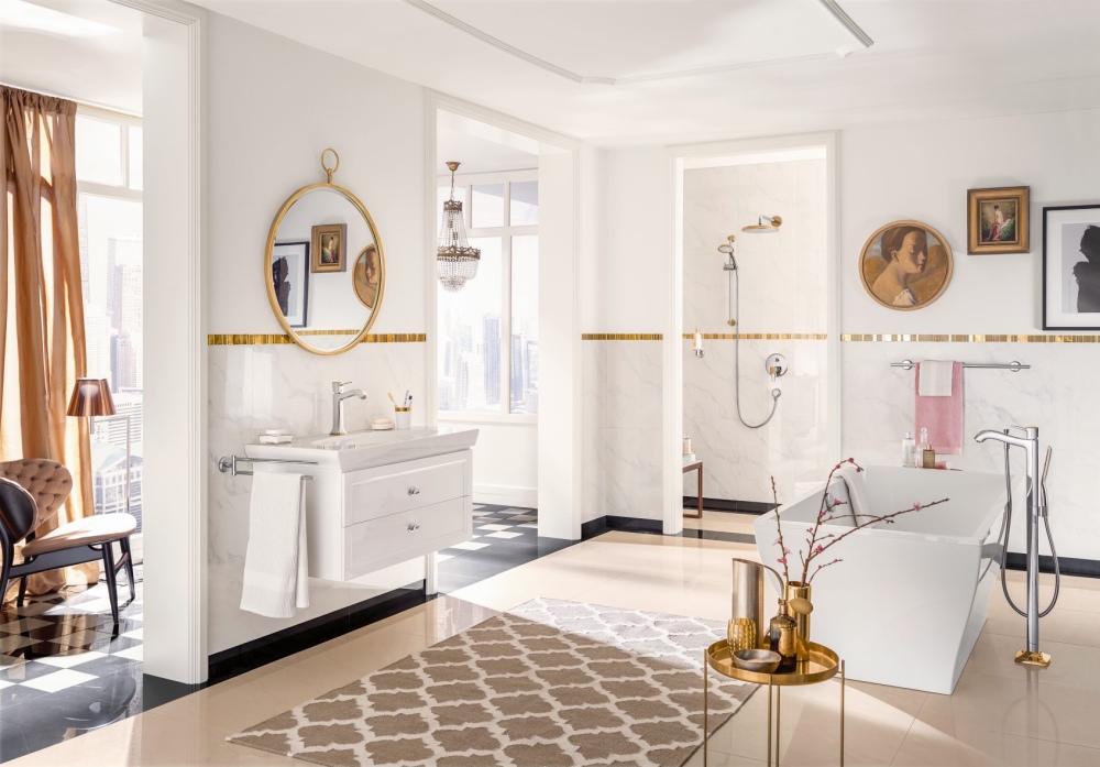 złoty w łazience glamour, złota łazienka w stylu glamour, armatura do łazienki glamour