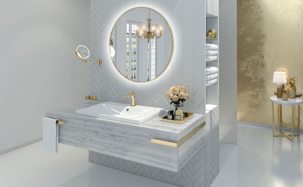 złote elementy w stylu glamour, wykończenie łazienki glamour, jakie dodatki do łazienki glamour