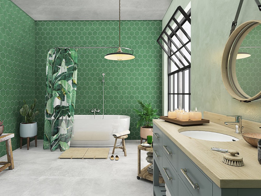 zielone płytki heksagonalne, zielone płytki na ścianę za wanną, kolor zielony w łazience