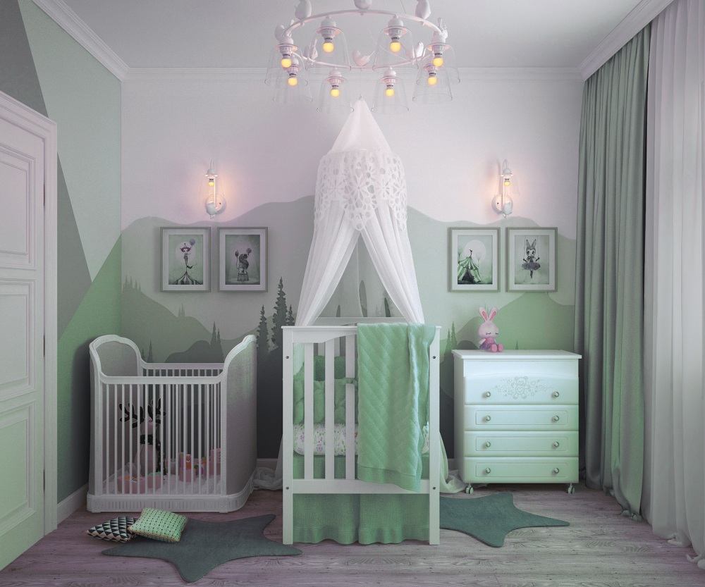 miętowy pokój niemowlaka, miętowe odcienie w pokoju niemowlęcia, miętowy w pokoju małego dziecka
